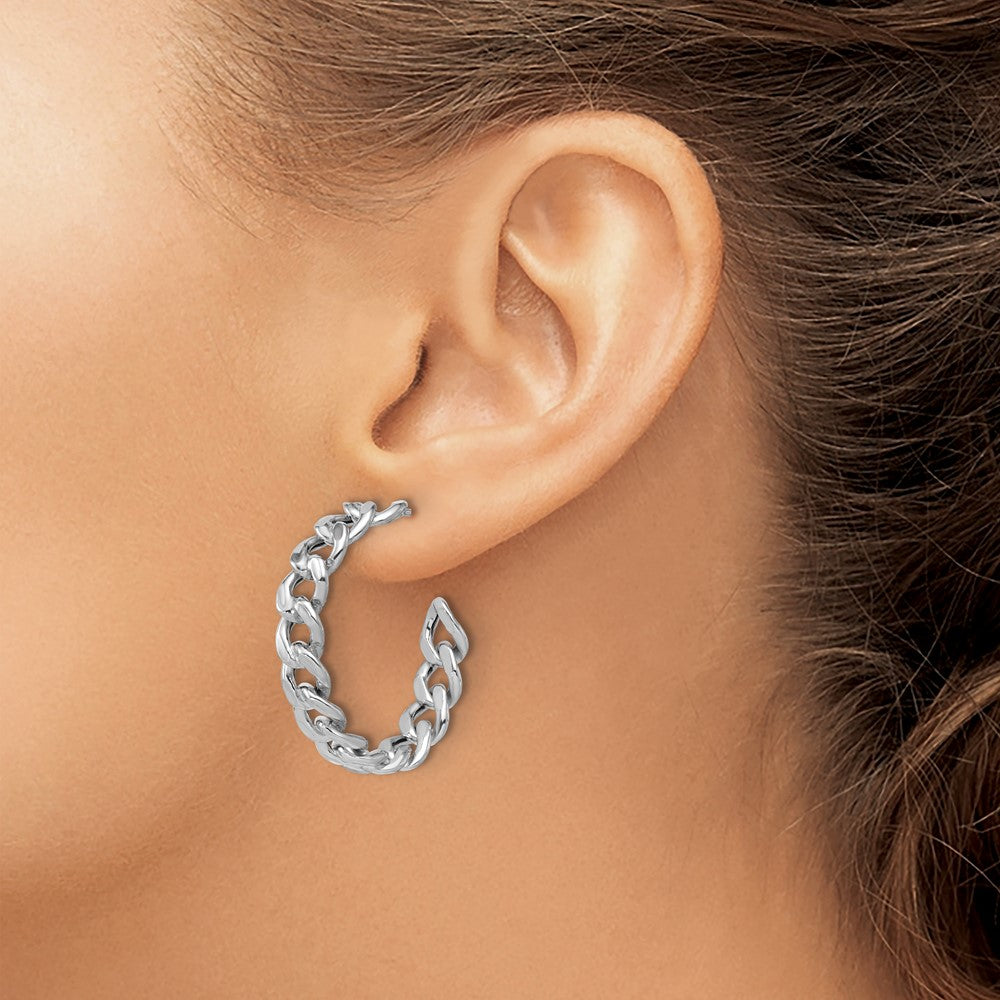 SS RH-pltd Polished 34x6.5mm Curb Link Post C-Hoop Earrings