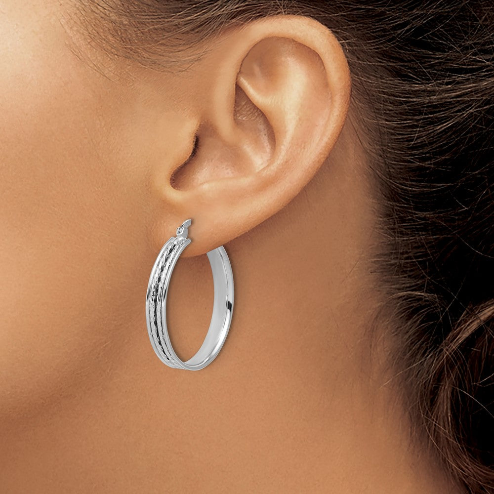 SS RH-plated Polished and D/C 31x5mm Round Hoop Earrings