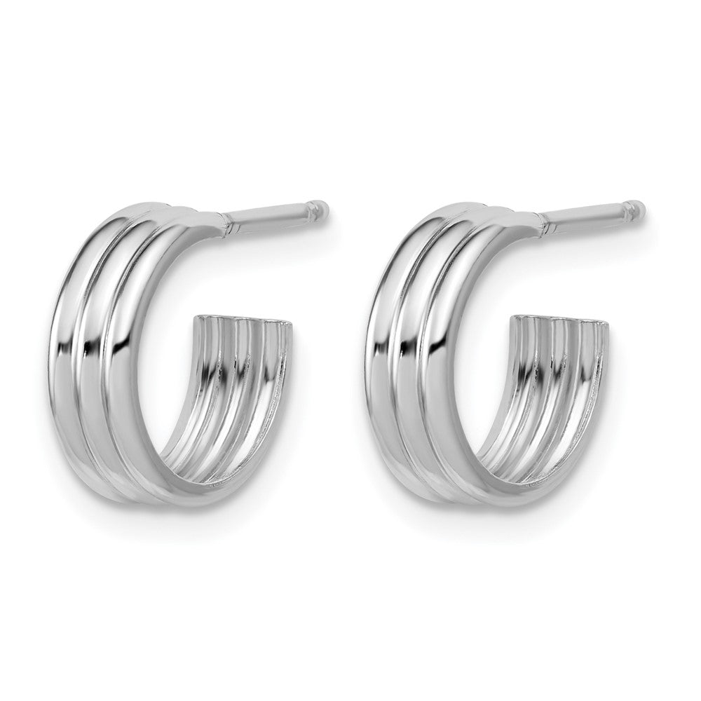 Sterling Silver Rh-Plated Polished Grooved J-Hoop Post Earrings