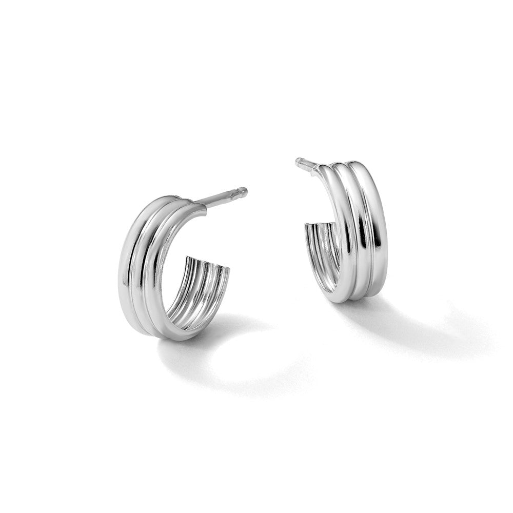 Sterling Silver Rh-Plated Polished Grooved J-Hoop Post Earrings