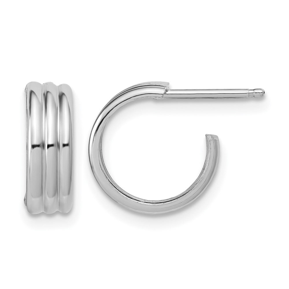Sterling Silver Rh-Plated Polished Grooved J-Hoop Post Earrings