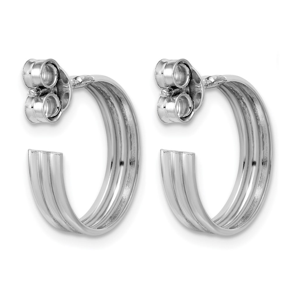 Sterling Silver Rh-Plated Polished Grooved J-Hoop Post Earrings