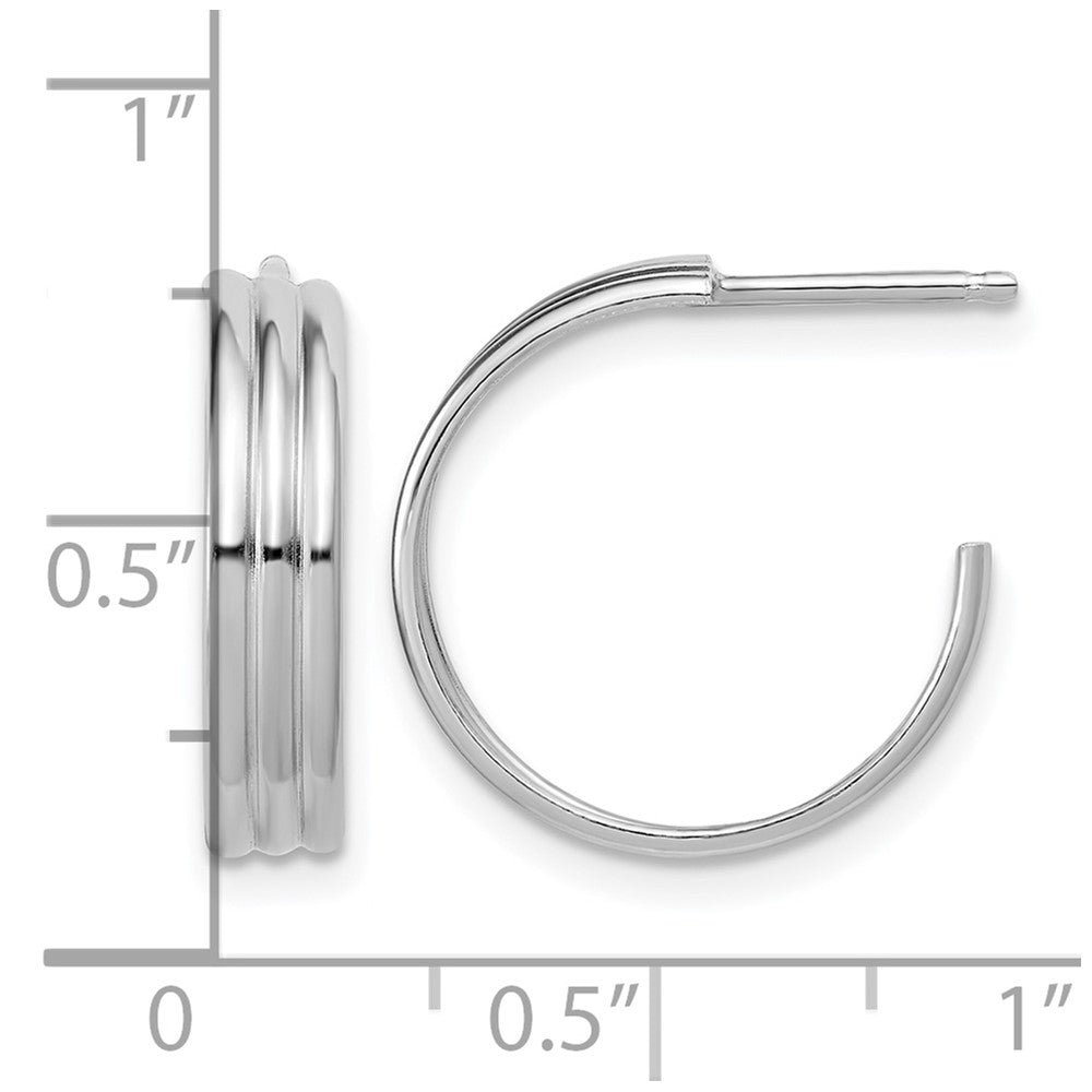 Sterling Silver Rh-Plated Polished Grooved J-Hoop Post Earrings