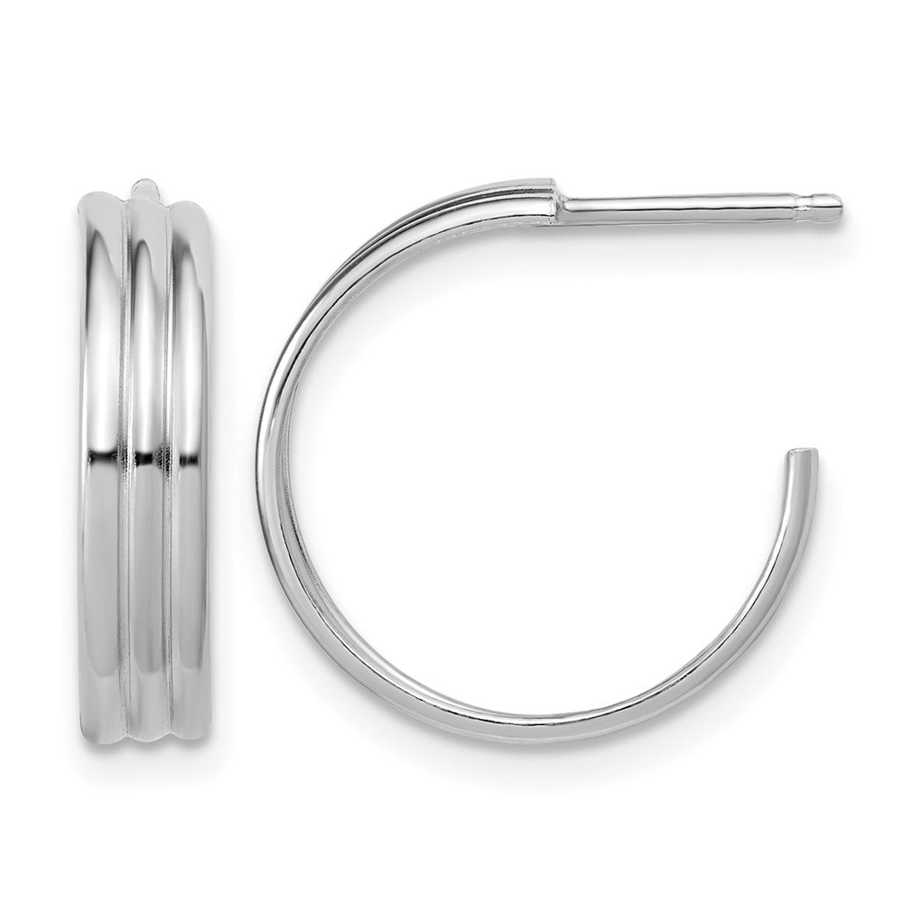 Sterling Silver Rh-Plated Polished Grooved J-Hoop Post Earrings