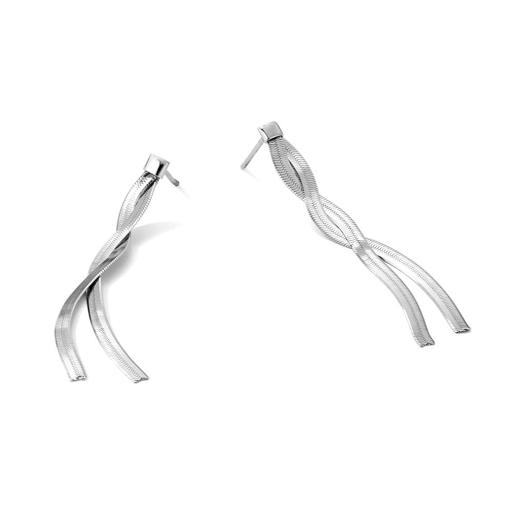Sterling Silver Rh-Plat Herringbone 2-strand Dangle Post Earrings