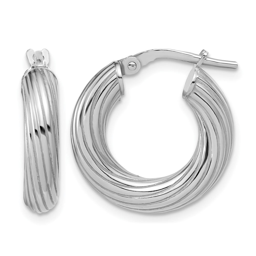 Sterling Silver Rh-Plated Polished Grooved Hoop Earrings