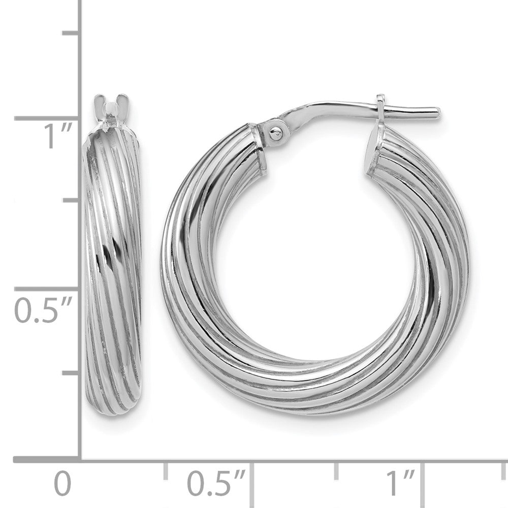Sterling Silver Rh-Plated Polished Grooved Hoop Earrings