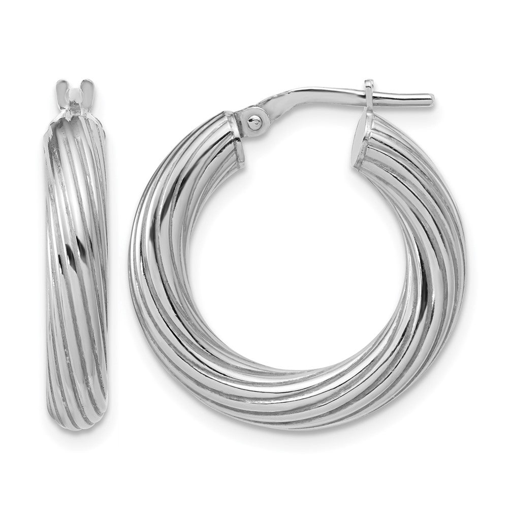 Sterling Silver Rh-Plated Polished Grooved Hoop Earrings