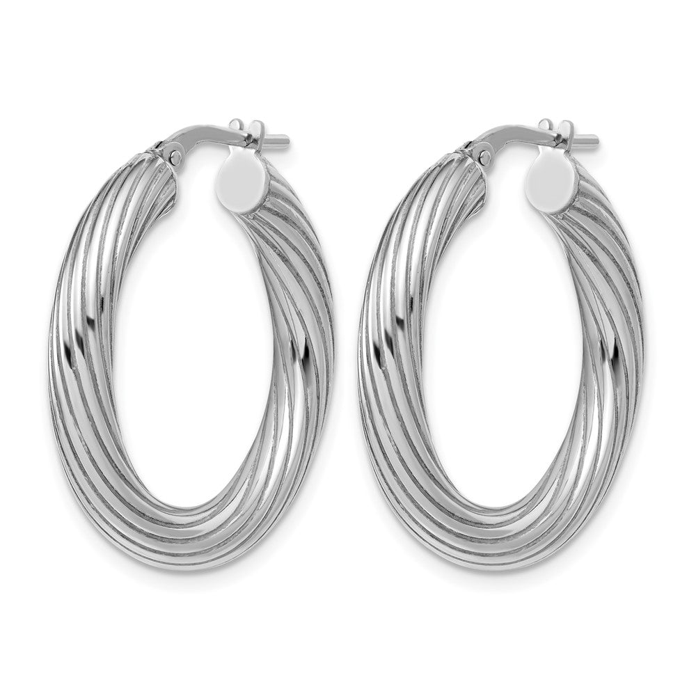 Sterling Silver Rh-Plated Polished Grooved Hoop Earrings