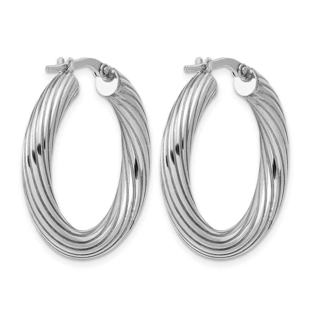 Sterling Silver Rh-Plated Polished Grooved Hoop Earrings