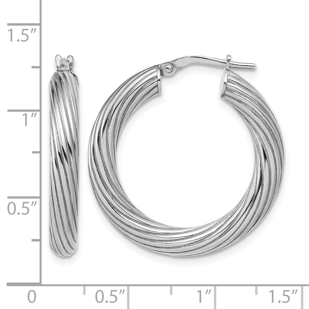Sterling Silver Rh-Plated Polished Grooved Hoop Earrings