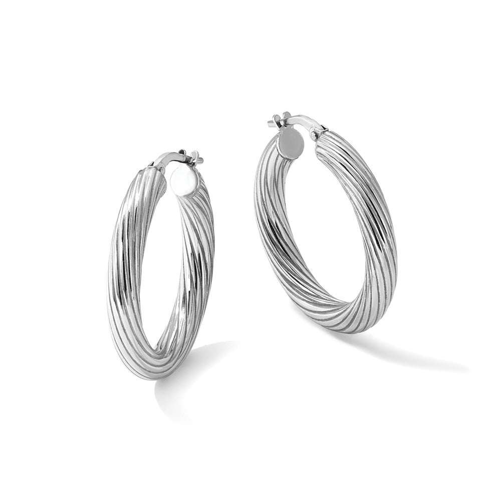 Sterling Silver Rh-Plated Polished Grooved Hoop Earrings