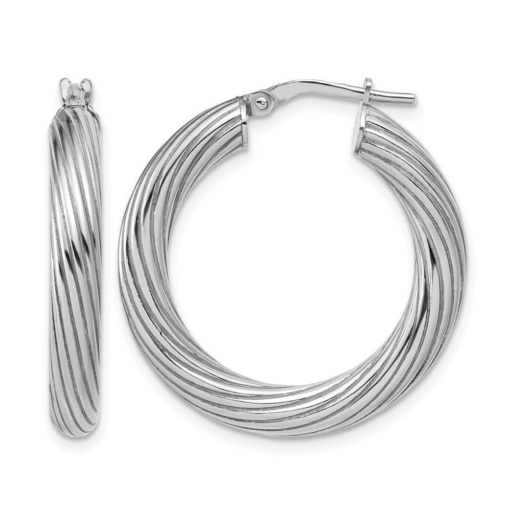 Sterling Silver Rh-Plated Polished Grooved Hoop Earrings