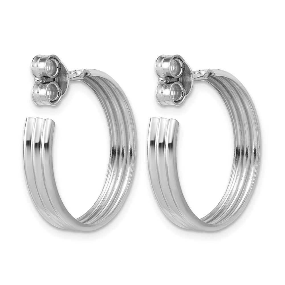 Sterling Silver Rh-Plated Polished Grooved J-Hoop Post Earrings