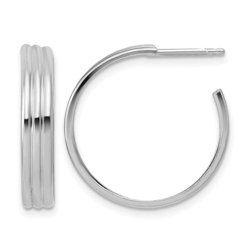 Sterling Silver Rh-Plated Polished Grooved J-Hoop Post Earrings