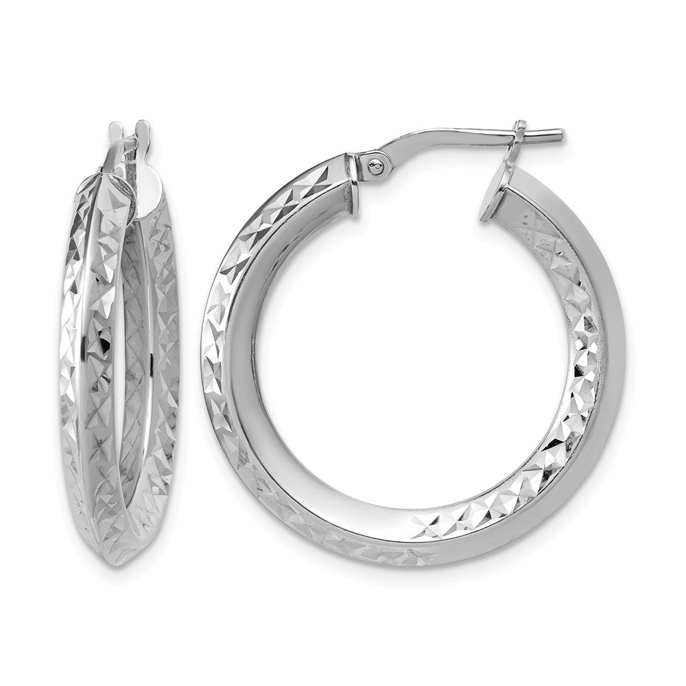 Sterling Silver RH-plated Polished and Diamond-cut Hoop Earrings