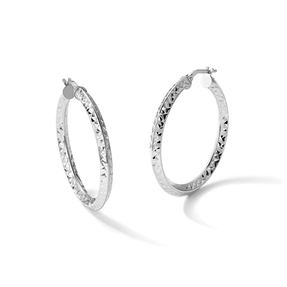 Sterling Silver RH-plated Polished and Diamond-cut Hoop Earrings