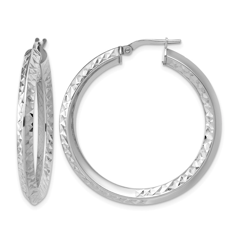 Sterling Silver RH-plated Polished and Diamond-cut Hoop Earrings