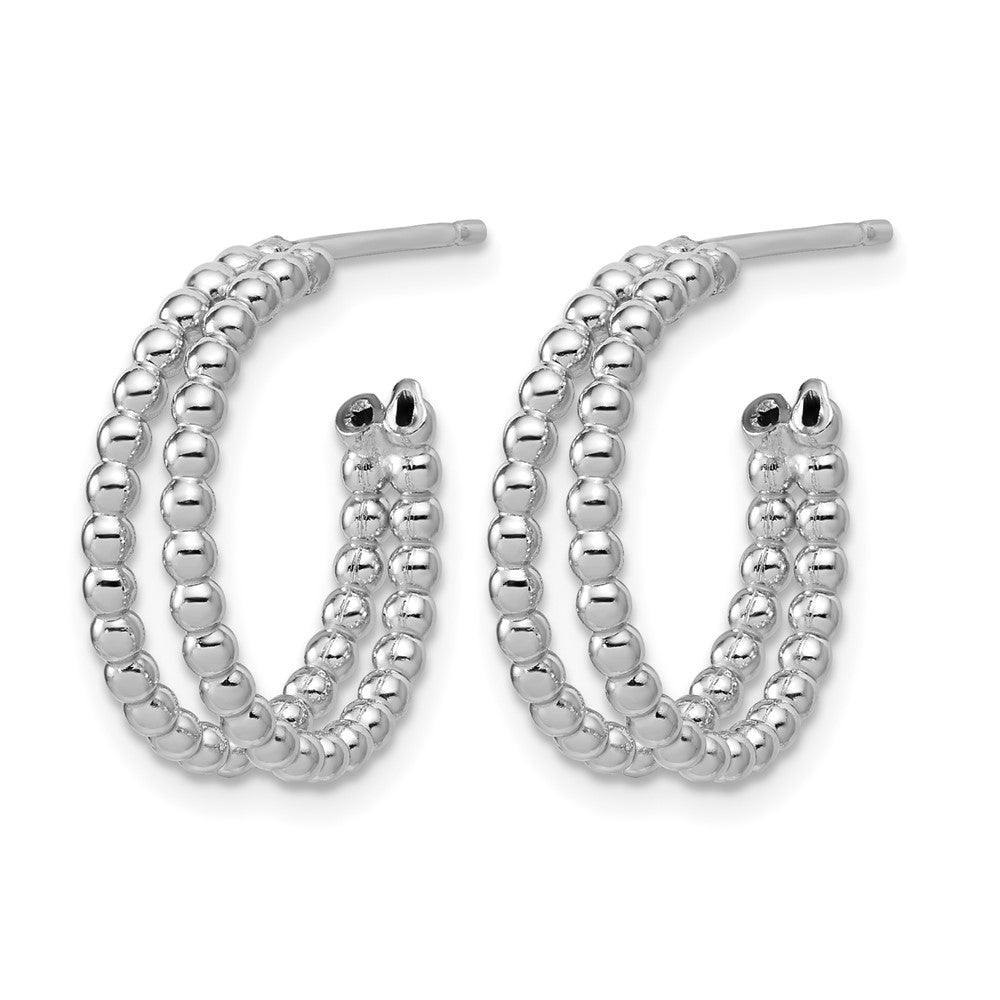 Sterling Silver RH-plated Polished Beaded J-Hoop Earrings
