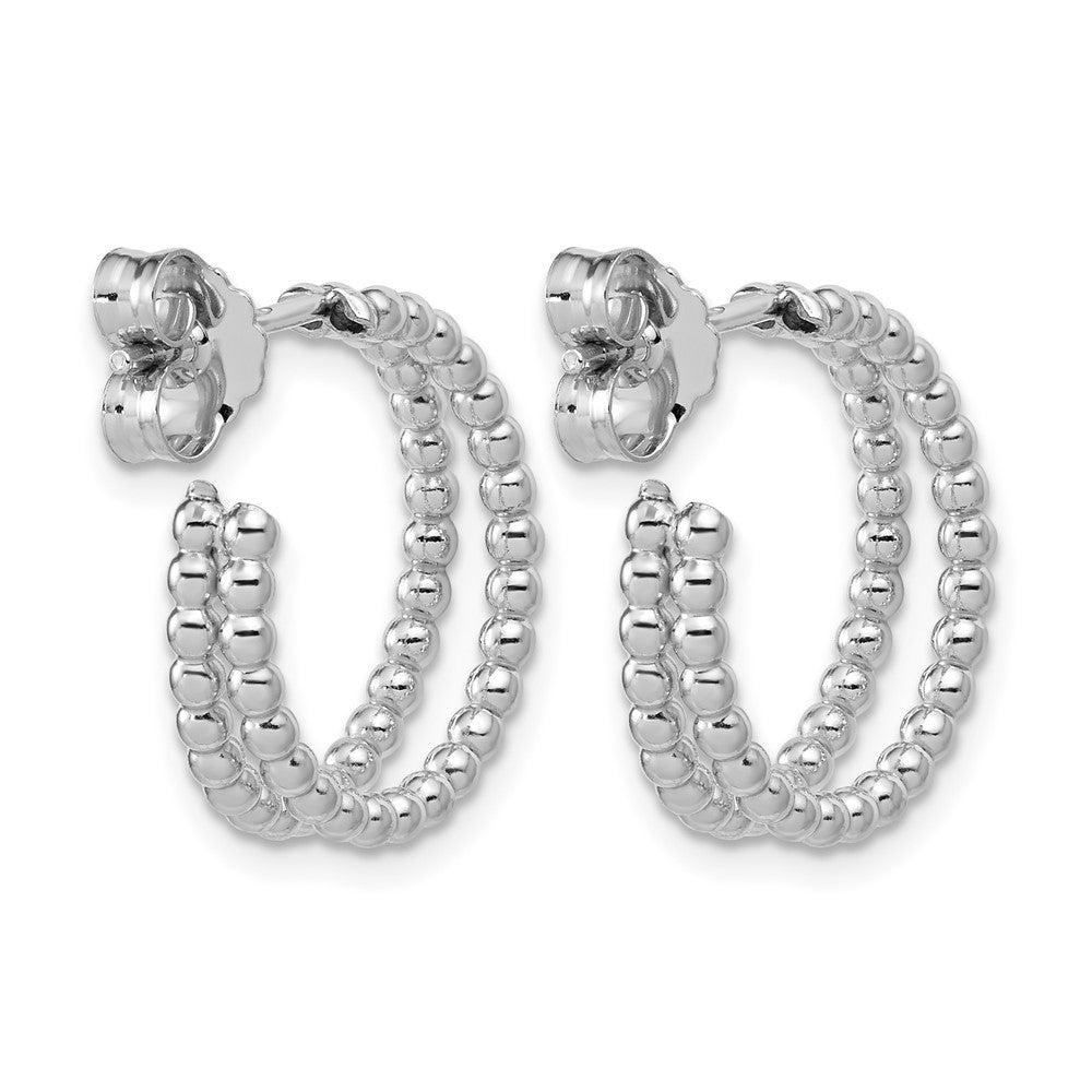 Sterling Silver RH-plated Polished Beaded J-Hoop Earrings
