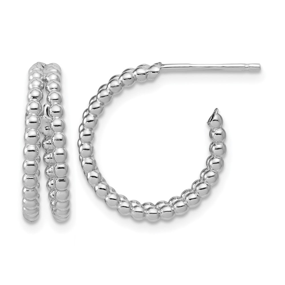 Sterling Silver RH-plated Polished Beaded J-Hoop Earrings