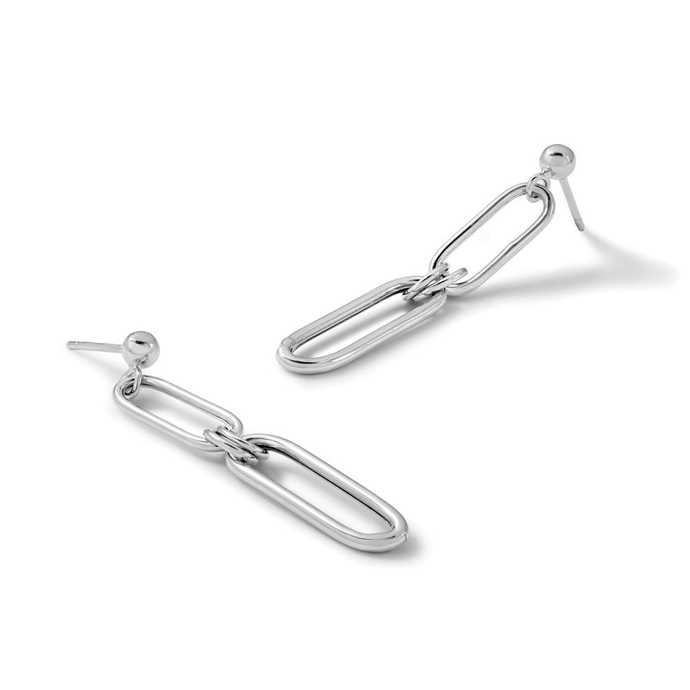 Sterling Silver RH-plt Polish Paperclip Link Dangle Post Earrings
