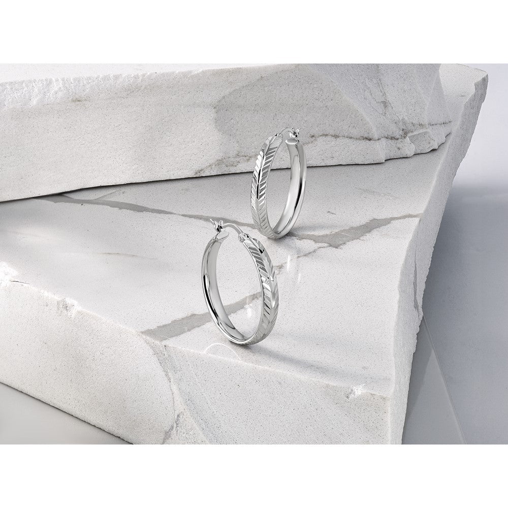Sterling Silver RH-plated Polished and Diamond-cut Hoop Earrings