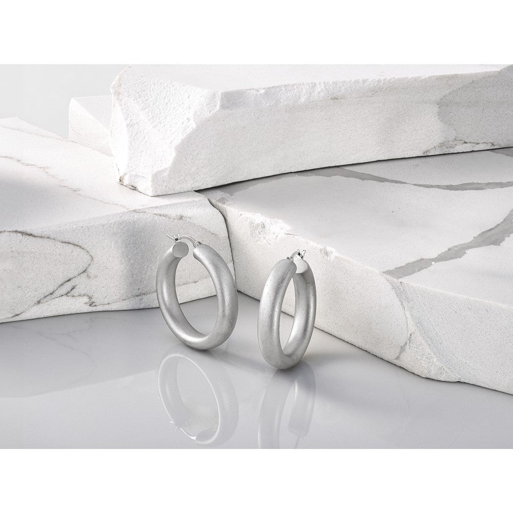 Sterling Silver Radiant Esse RH-plat Satin Sparkle Hoop Earrings