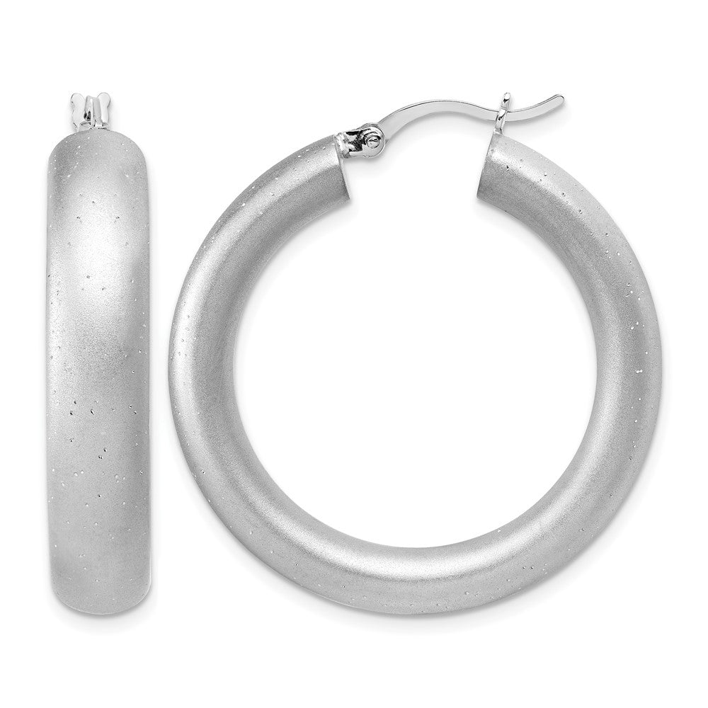 Sterling Silver Radiant Esse RH-plat Satin Sparkle Hoop Earrings
