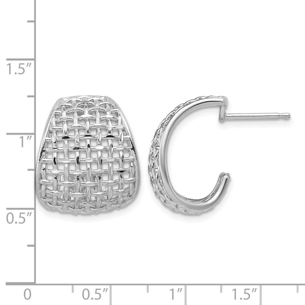Sterling Silver RH-plated Polished Dia-cut Woven Pattern J-Hoop Po