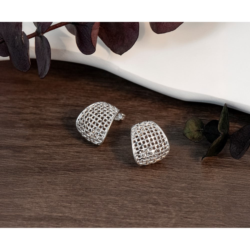 Sterling Silver RH-plated Polished Dia-cut Woven Pattern J-Hoop Po