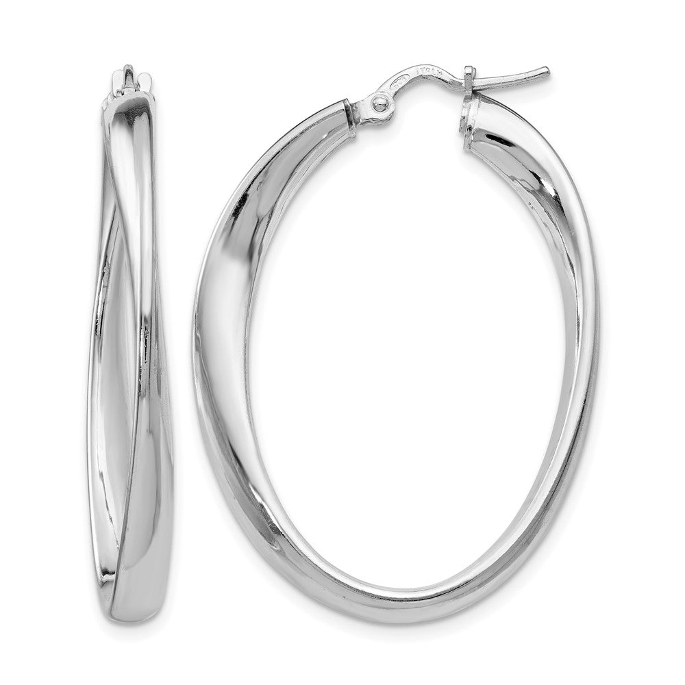 Polished;Sterling silver;Oval;Twisted;Hinged hoop