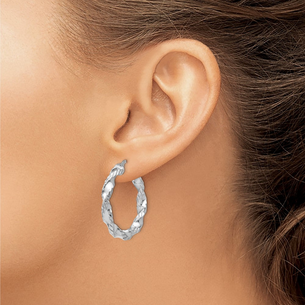 Sterling Silver RH-plated Polished Twisted Hinged Hoop Earrings