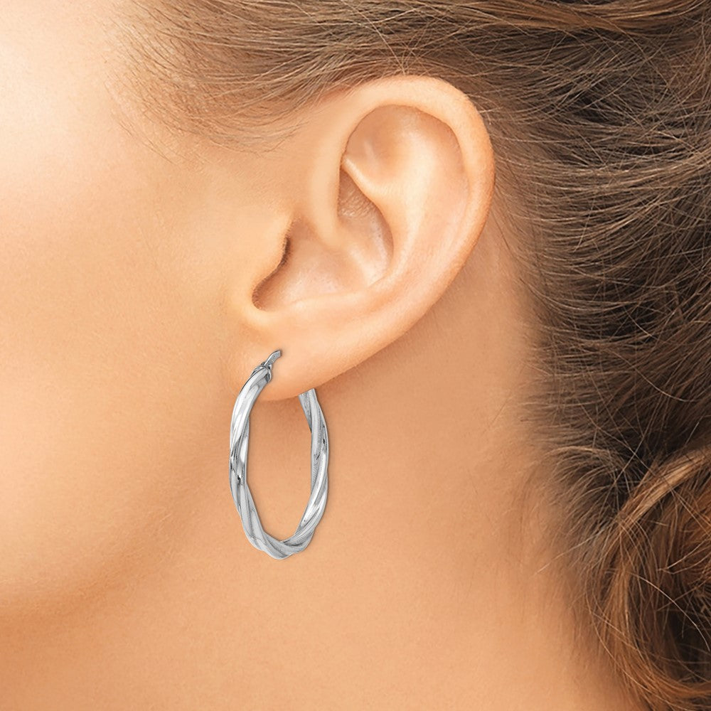 Sterling Silver RH-plated Polished Twisted Hinged Hoop Earrings