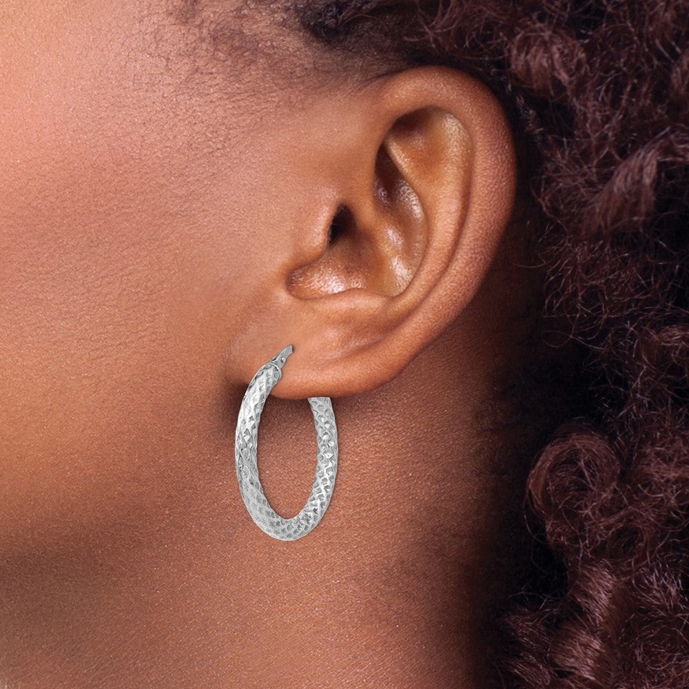 Sterling Silver RH-plt Polished & Textured Hinged Hoop Earrings