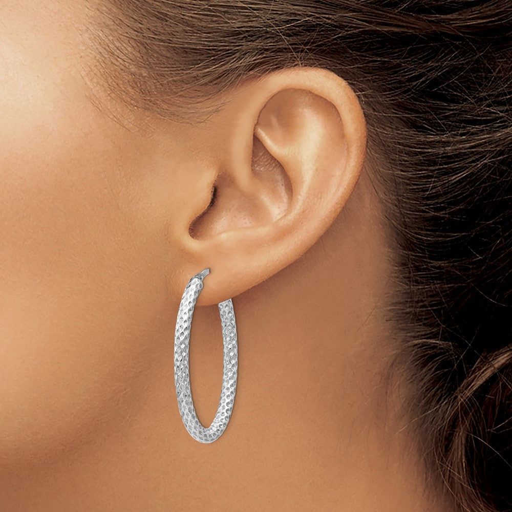 Sterling Silver RH-plt Polish/Textured Oval Hinged Hoop Earrings