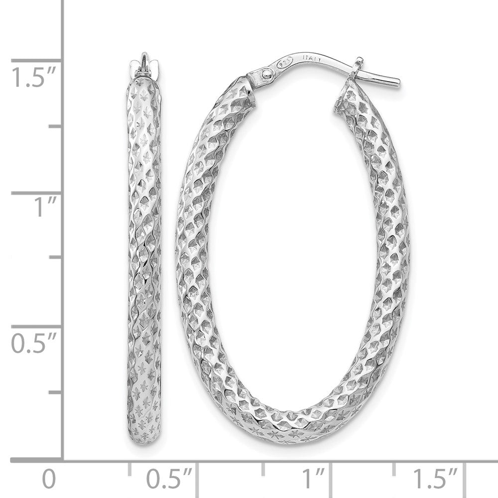 Sterling Silver RH-plt Polish/Textured Oval Hinged Hoop Earrings