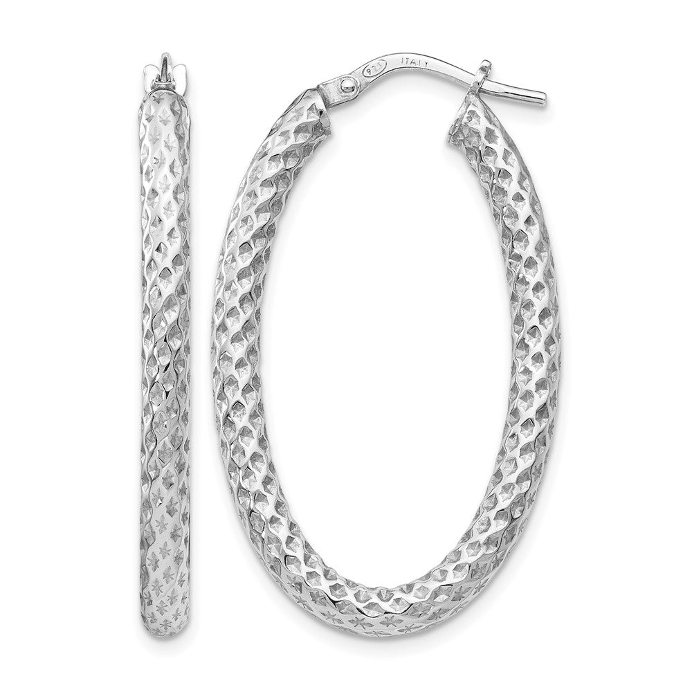 Polished;Sterling silver;Textured;Oval;Hinged hoop