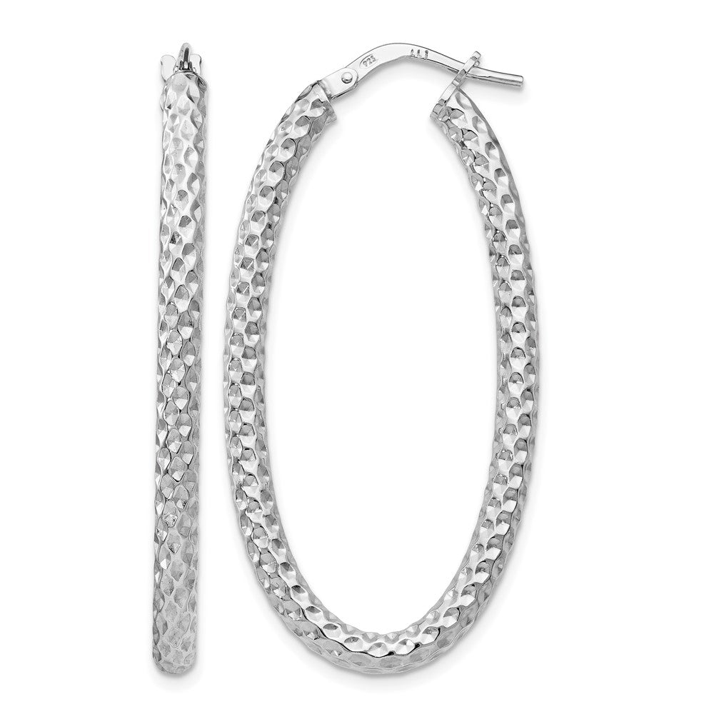 Polished;Sterling silver;Textured;Oval;Hinged hoop