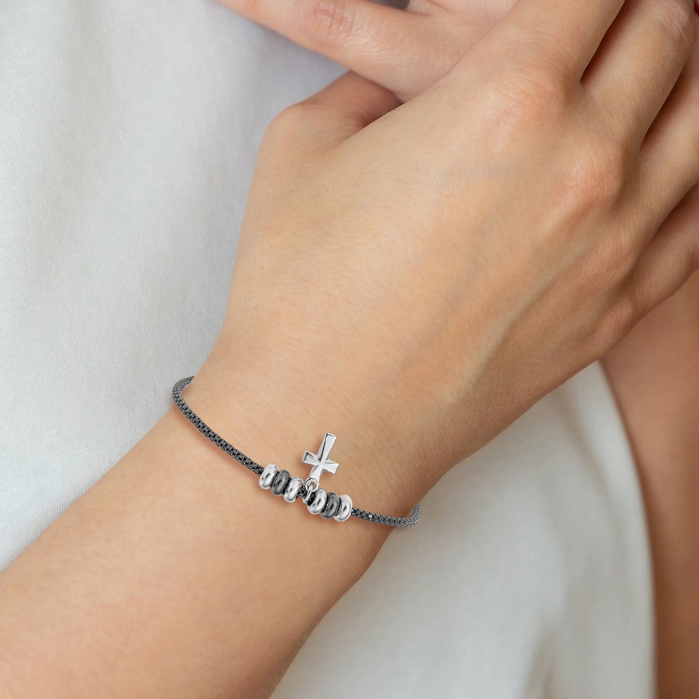 Sterling Silver Rhod and Ruth-plated Cross w/ 1in ext Bracelet