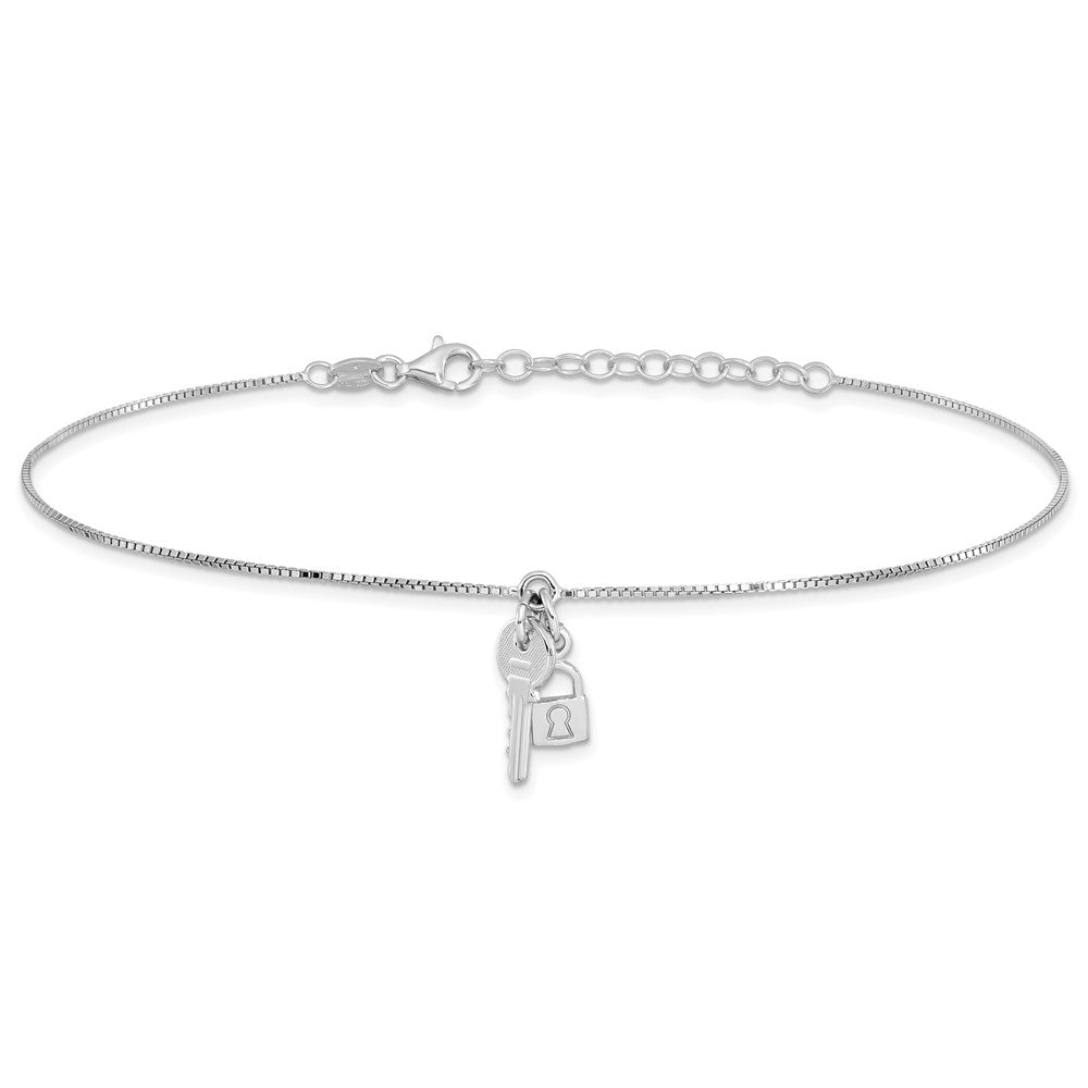 Sterling Silver Rhodium-plated Lock and Key Dangle 9 inch Plus 1 inch Extender - Total 10 inch Anklet