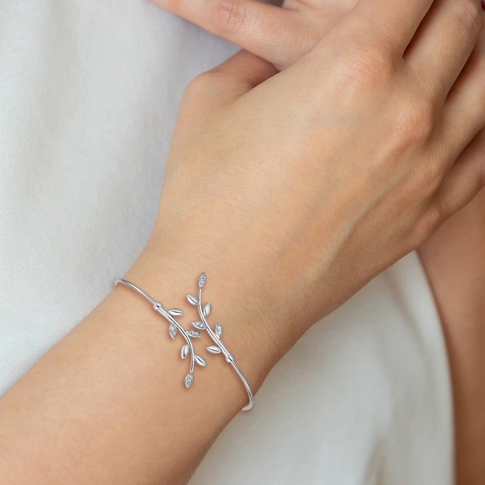 SS Rhodium-plated Polished CZ Leaf Bypass Flexible Cuff Bangle
