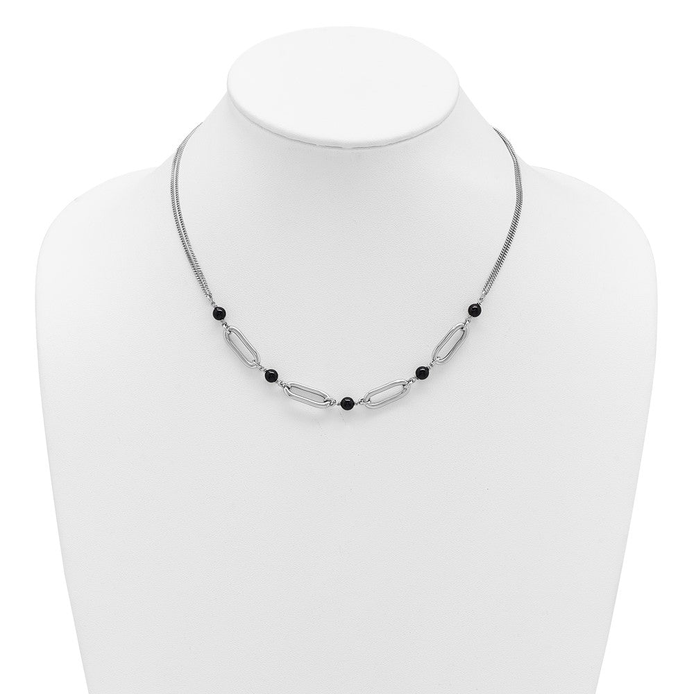 SS RH-pltd Black Glass Pearl 2-Strand Link w/2in Ext Necklace