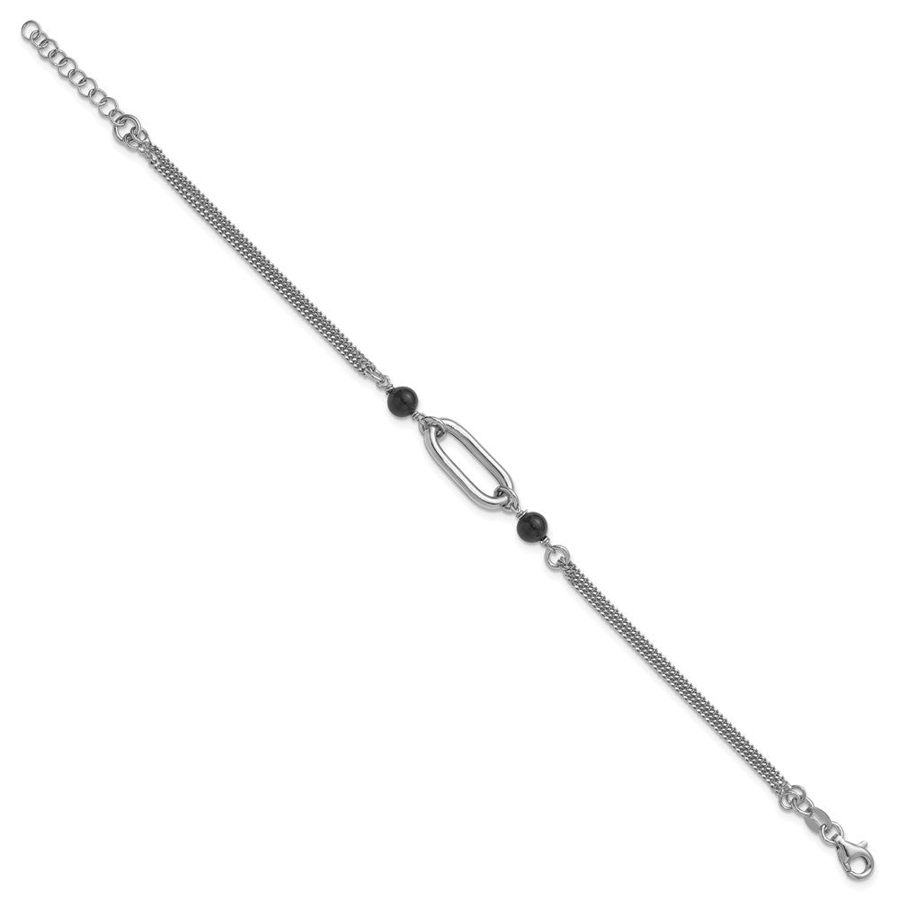 SS RH-pltd Black Glass Pearl 2-Strand Link w/1in Ext Bracelet