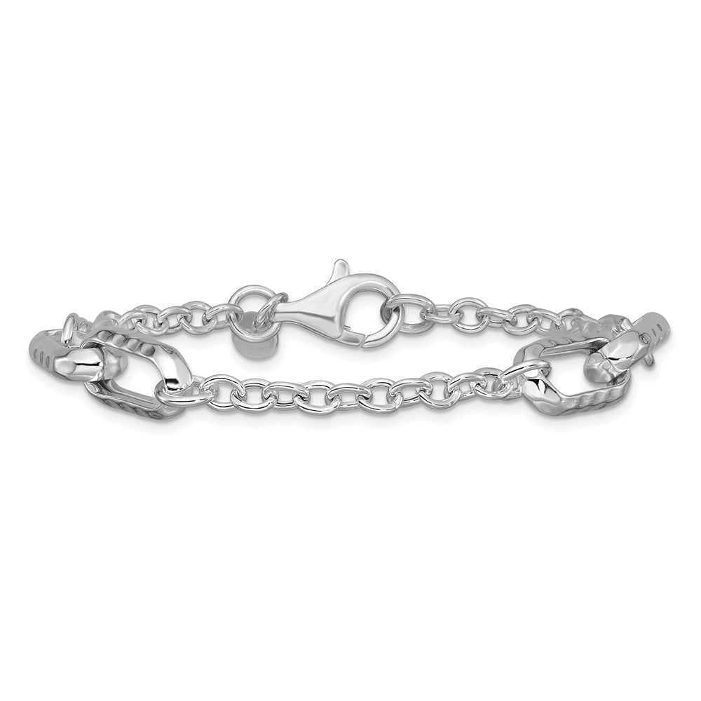 Sterling Silver RH-plated Polished and Hammered Link Bracelet