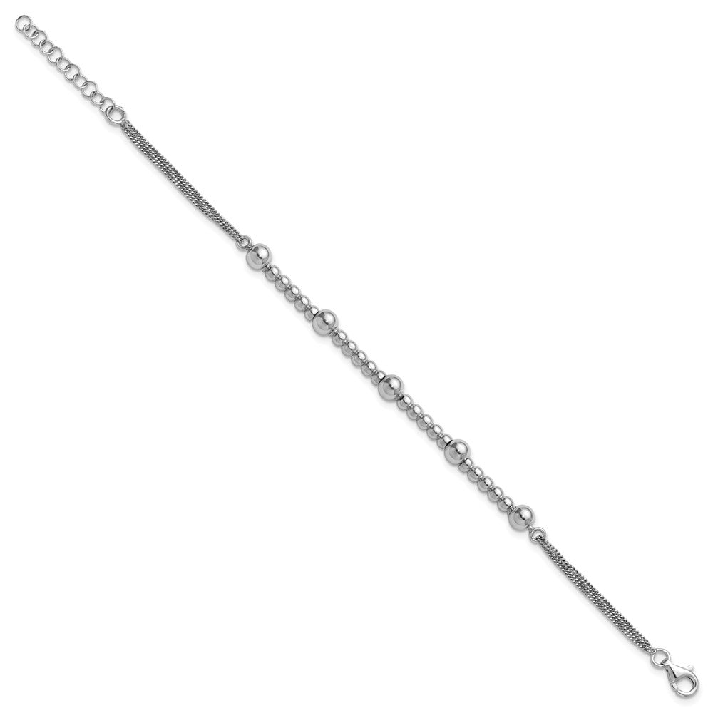 Sterling Silver RH-plt Pol. 2-strand Beaded w/1in ext. Bracelet