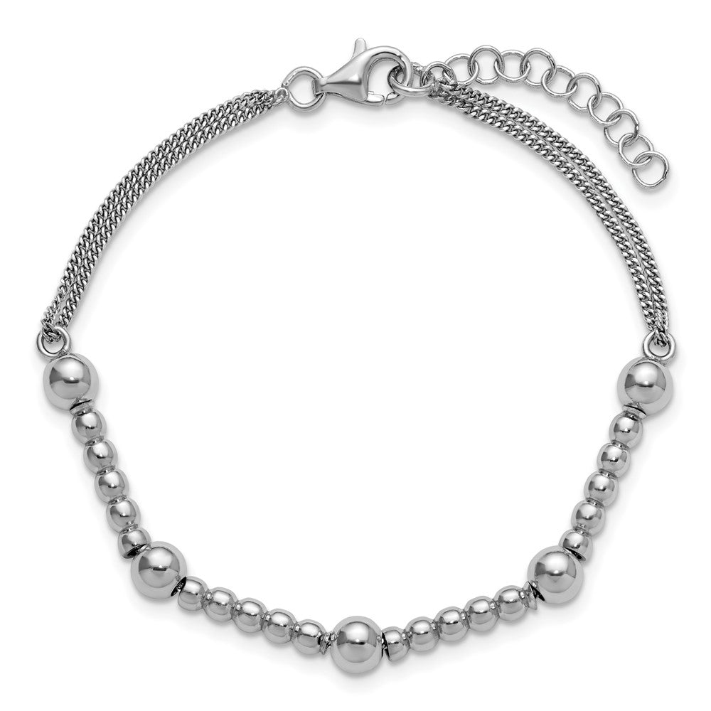 Sterling Silver RH-plt Pol. 2-strand Beaded w/1in ext. Bracelet