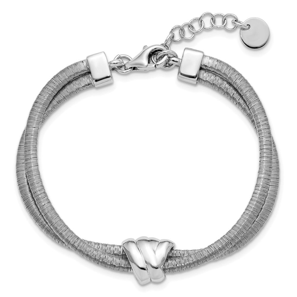 SS Rh-plt Polished/Textured 2 Strand Wrapped Knot w/1in ext. Brace