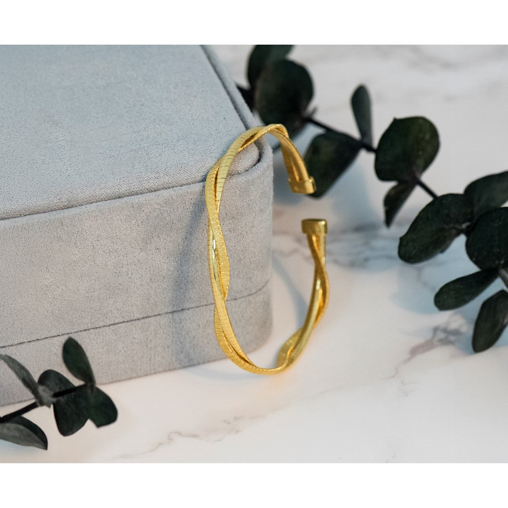 SS Gold-plat Polished/Textured Twisted 2-strand Flexible Cuff Bang