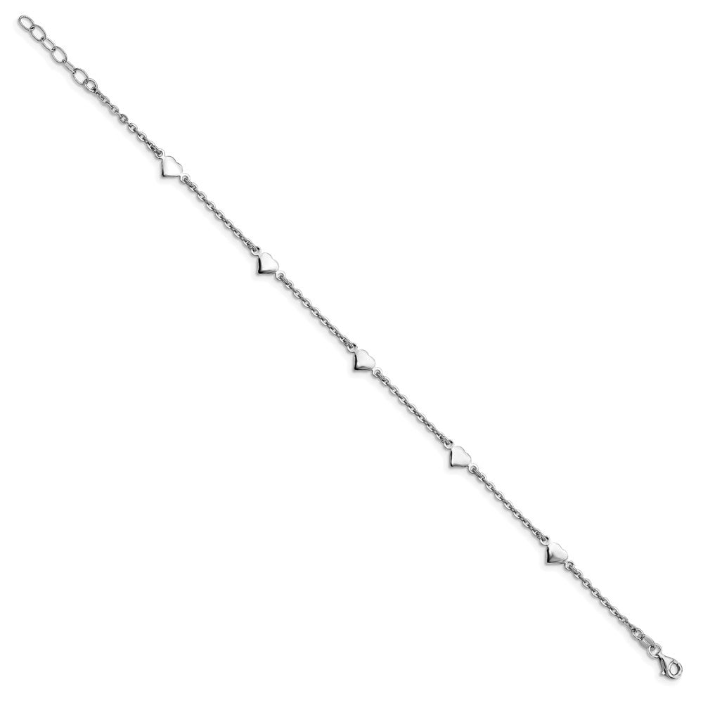 Sterling Silver Rhodium-plated Polished Heart 5-Station 9 inch with 1 inch extender - Total 10 inch Anklet